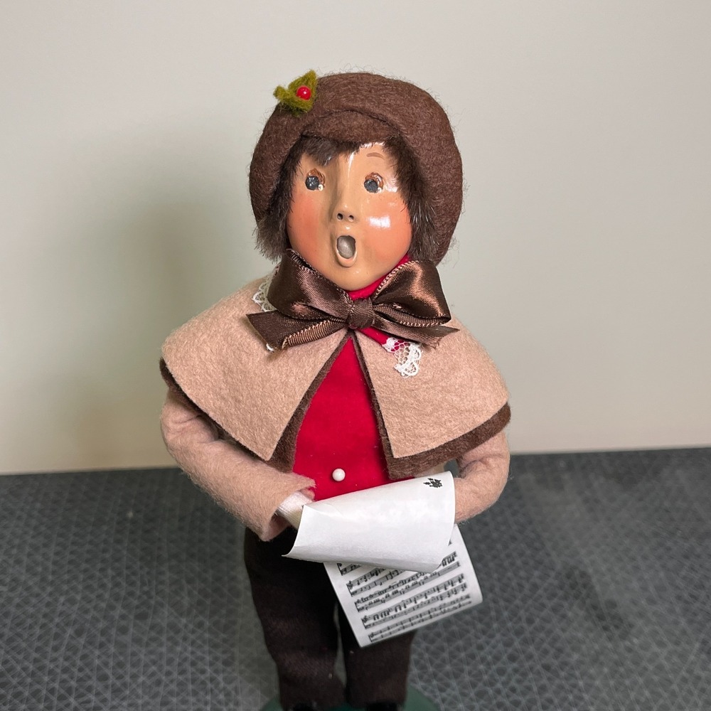 Vtg Byers Choice Caroler Child Boy Brown Hair, Sheet Music, Mint New Lace Collar